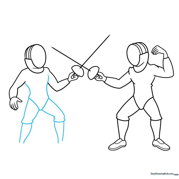 Completing the torso and leg outlines for the second fencer.
