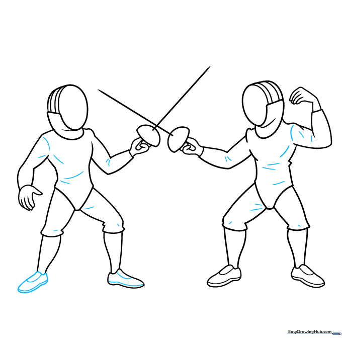 Adding final contour lines to the fencers' uniforms and finishing the shoes.