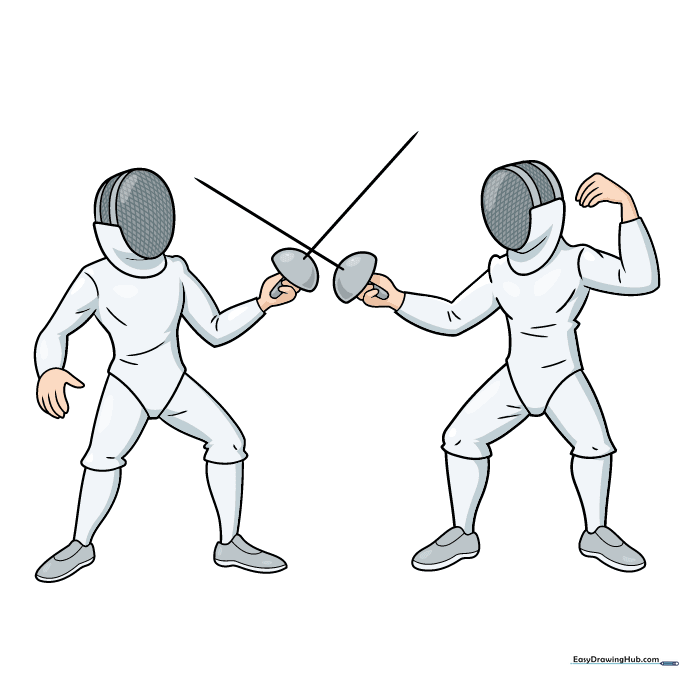 Final colored drawing of two fencers in a duel.