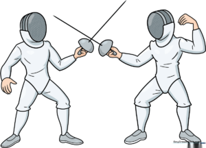 Dynamic illustration of two fencers in a duel, perfect for kids to learn drawing.