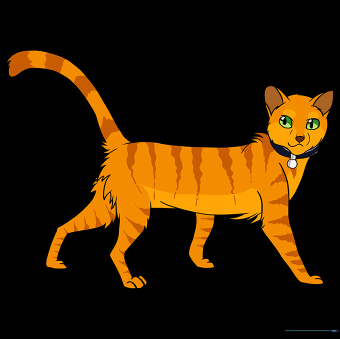 The finished, colored drawing of Firestar with orange fur and brown stripes.
