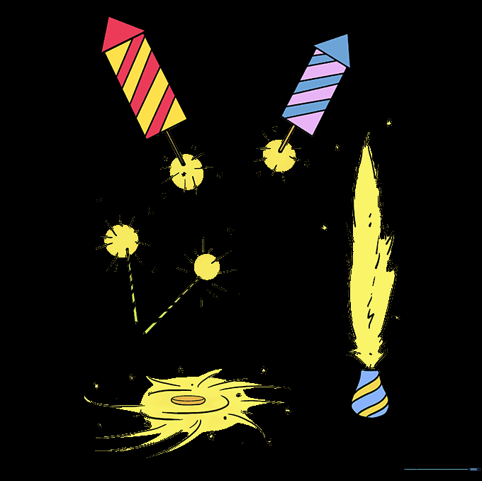 A finished, colorful drawing of a fireworks display with rockets, a fountain, and sparklers.