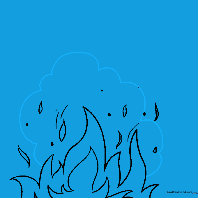A large, rounded, cloud-like shape drawn above the flames to represent a plume of smoke.