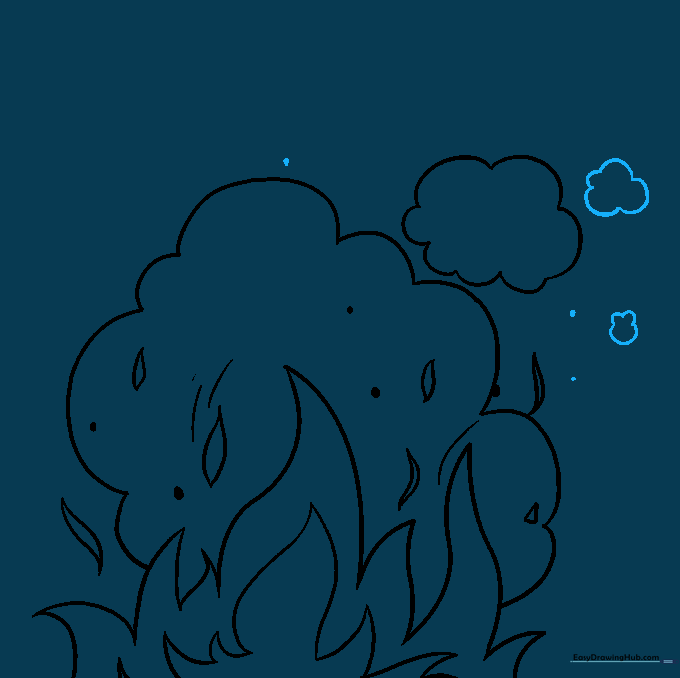 Final small smoke clouds and scattered ash dots added to complete the drawing.