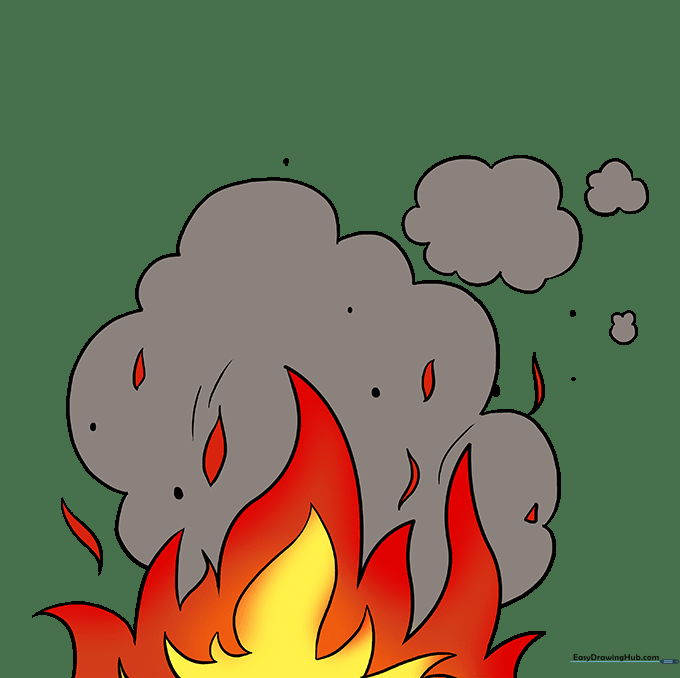 The finished drawing of flames and smoke, fully colored with vibrant fire tones and soft smoke greys.