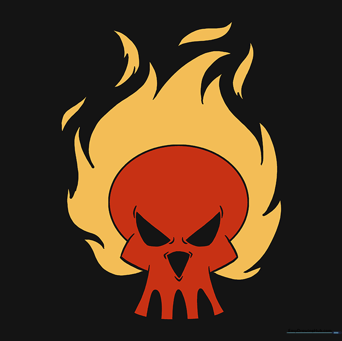The completed flaming skull drawing, colored with bright shades of orange, yellow, and red.
