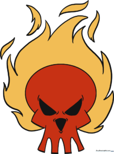A vibrant, finished illustration of a flaming skull, showcasing bold lines and fiery colors.