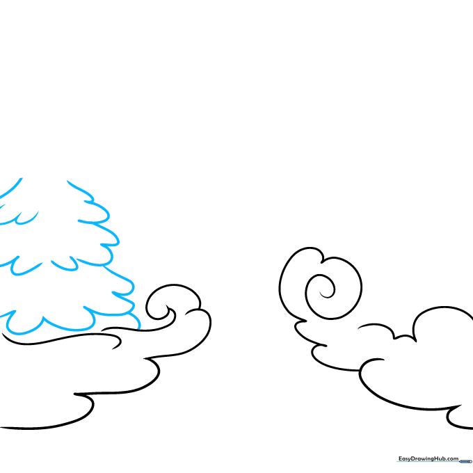 Sketching the rough, bumpy outline of a tree emerging from the fog on the left.