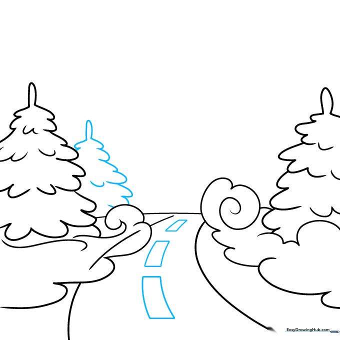 Adding a smaller tree in the background and road markings for depth.