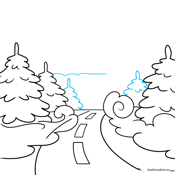 Adding more trees and background hills to complete the landscape composition.