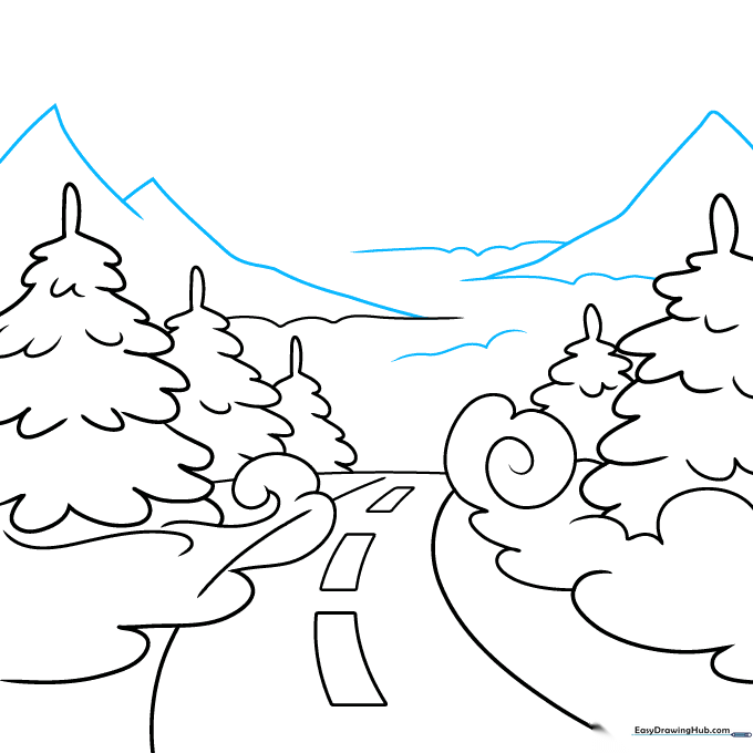 Adding mountain silhouettes in the background with soft, uneven lines.