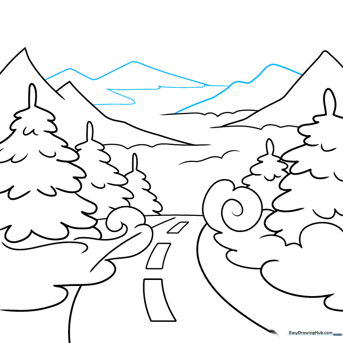 Finalizing the mountain range with overlapping shapes to create depth.