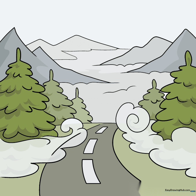 Finished drawing colored with muted tones of green and gray to represent a foggy landscape.
