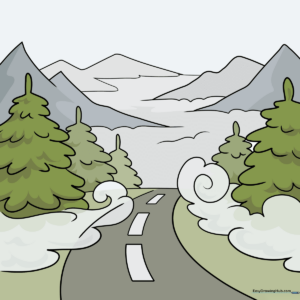 A completed, atmospheric drawing of a foggy landscape with trees and mountains.