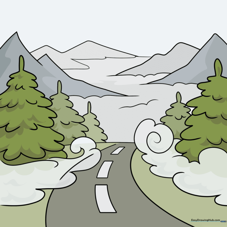 A completed, atmospheric drawing of a foggy landscape with trees and mountains.