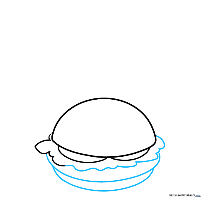 Completed burger outline showing bun, patty, and lettuce layers.