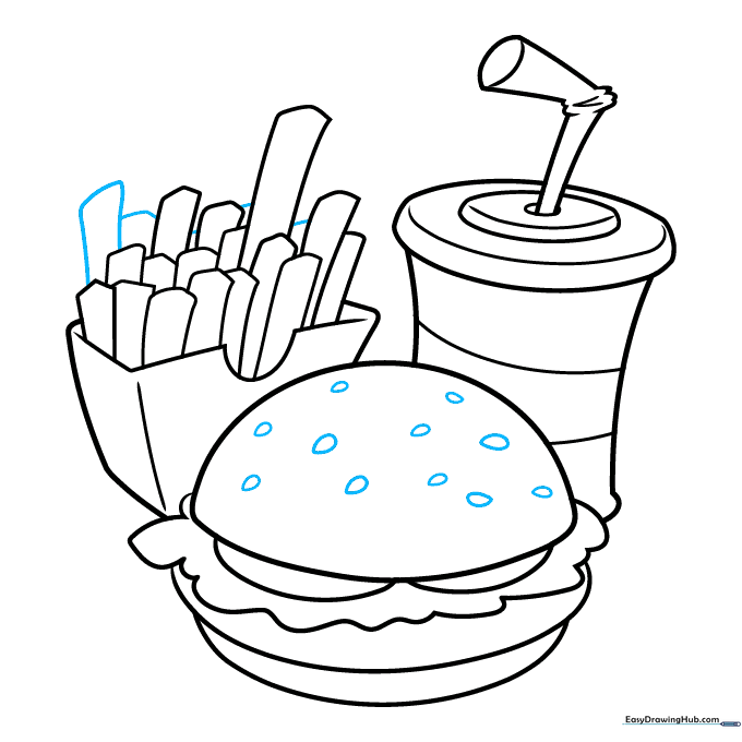 Final line art of the burger, fries, and drink with sesame seed details.