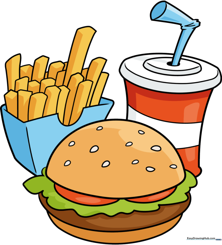 A colorful, finished cartoon burger, fries, and drink set.
