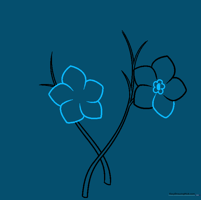 Completing the first five-petaled flower with a detailed center.