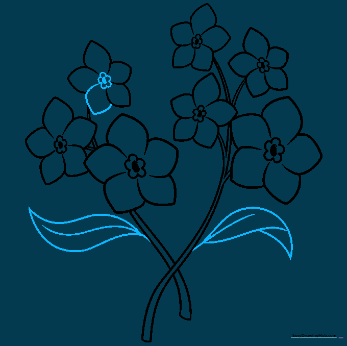 Adding leaves with central veins to the flower stems.