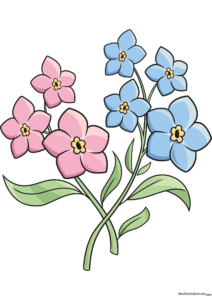 A vibrant, completed drawing of forget-me-not flowers with green leaves.
