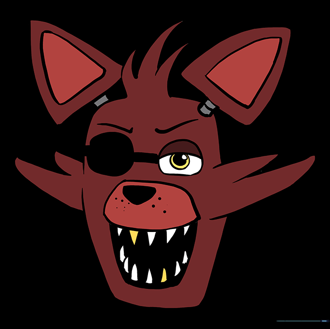 The finished, colored drawing of Foxy with his signature red-brown fur and eye patch.