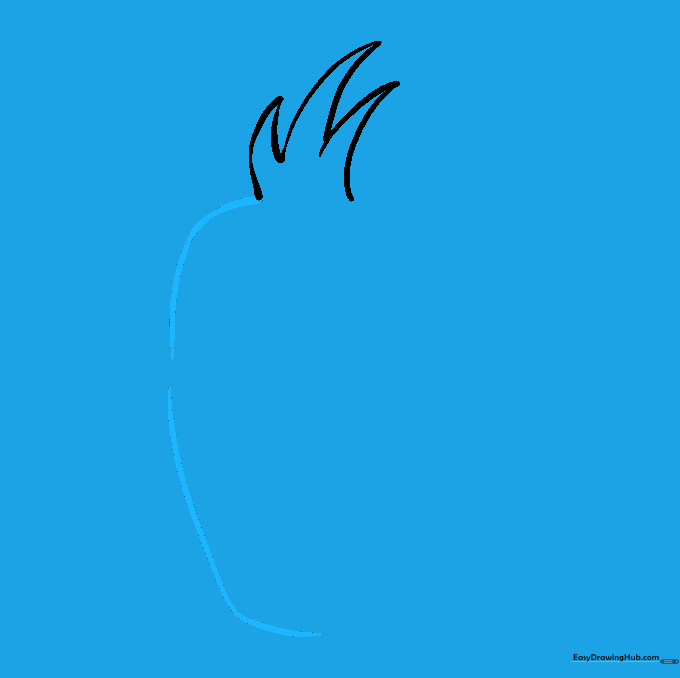 Drawing the side of Foxy's face using two smooth, non-connecting curved lines.