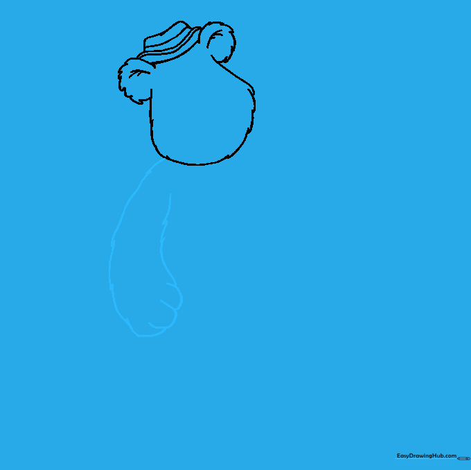 Line drawing of Fozzie Bear's first arm with fur texture and rounded fingers.