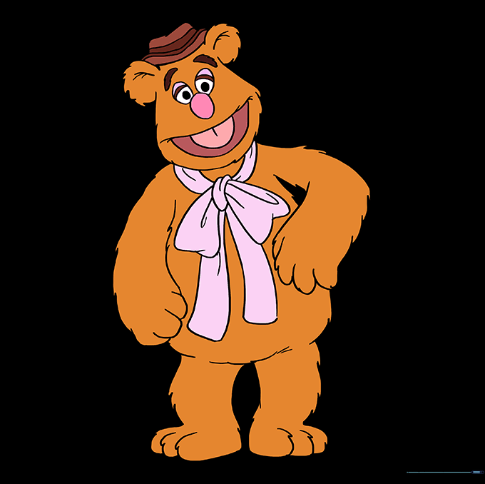 Final colored illustration of Fozzie Bear, showing his brown fur, hat, and bow tie.