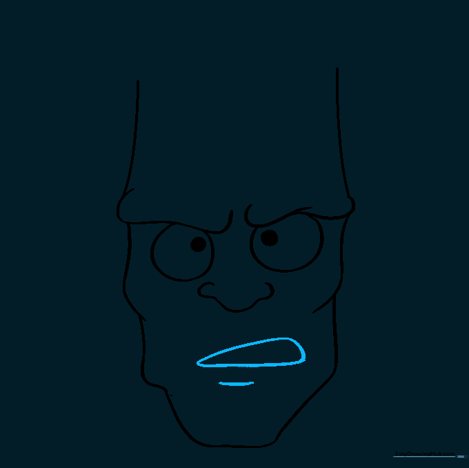 An open, lopsided mouth shape and a curved chin line.