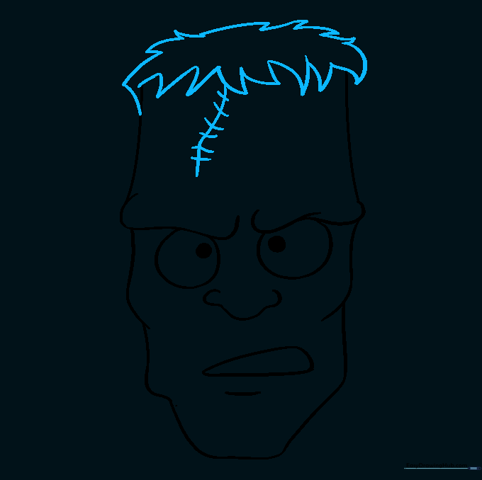 Jagged hair outline and a stitched scar across the forehead.