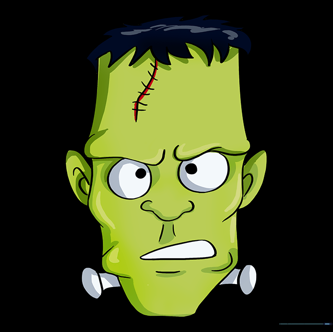 The finished, colored Frankenstein's monster drawing with green skin and dark hair.
