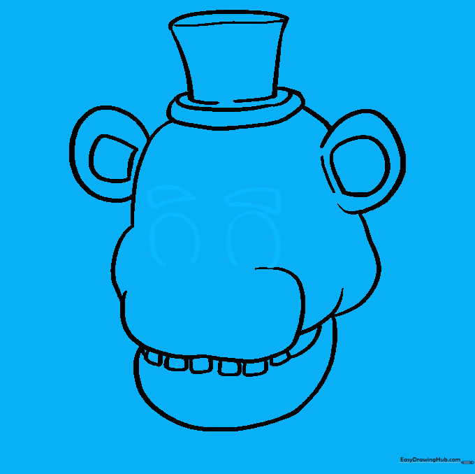 Line art showing the placement of the eyes and the expressive, angled eyebrows.