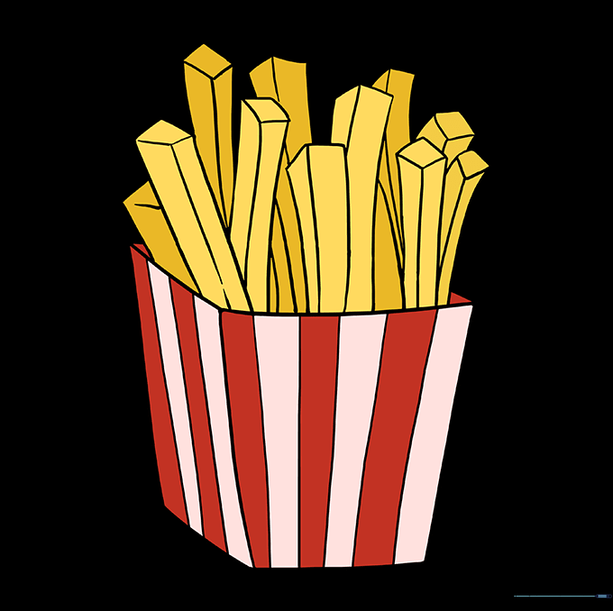 The finished french fries drawing colored with vibrant red and golden yellow.