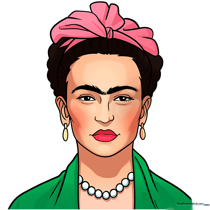 Fully colored illustration of Frida Kahlo, featuring her signature flowers, dark hair, and colorful clothing.