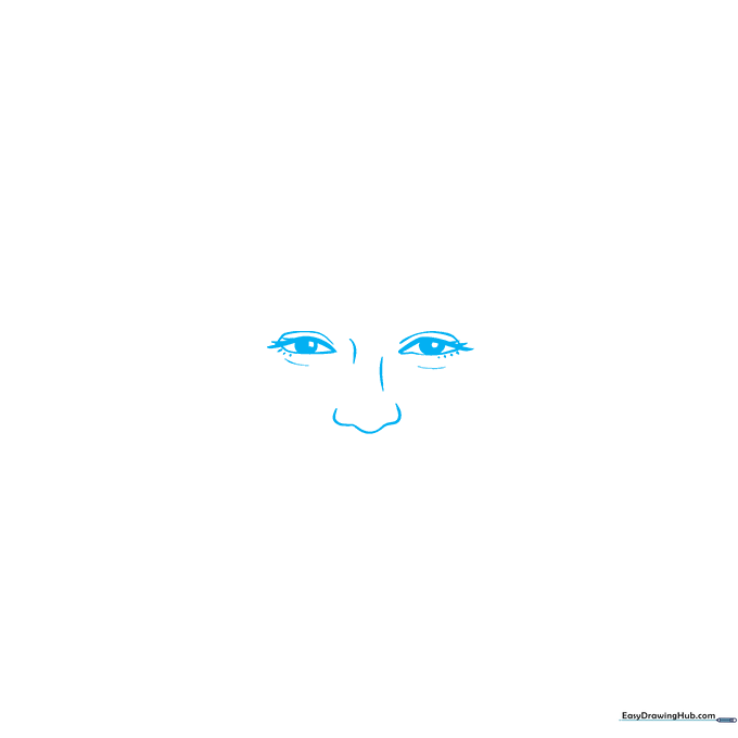 Pencil sketch showing two almond-shaped eyes with highlights and a simple nose outline on white paper.