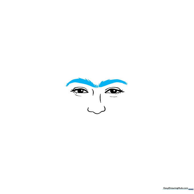 Close-up pencil sketch of Frida Kahlo's thick, connected eyebrows above the eyes.