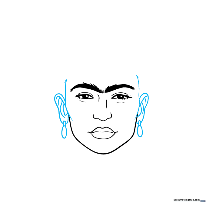Pencil sketch of the face outline with ears and dangling earrings added.