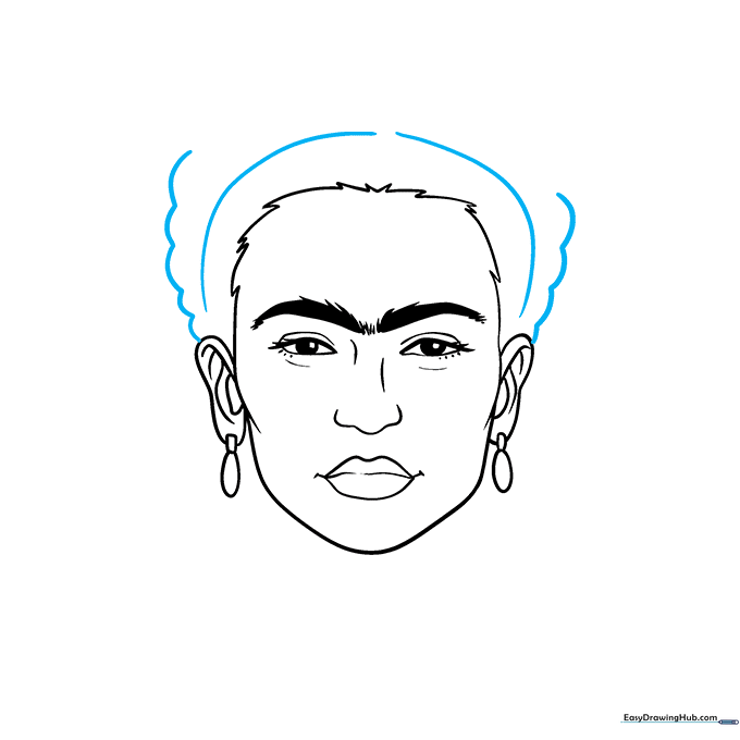Pencil sketch showing the outline of voluminous hair around the head.