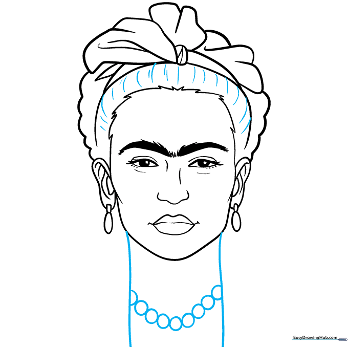 Pencil sketch showing the neck, shoulders, and a pearl necklace added to the portrait.