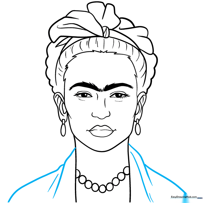 Completed black ink outline of the Frida Kahlo portrait.