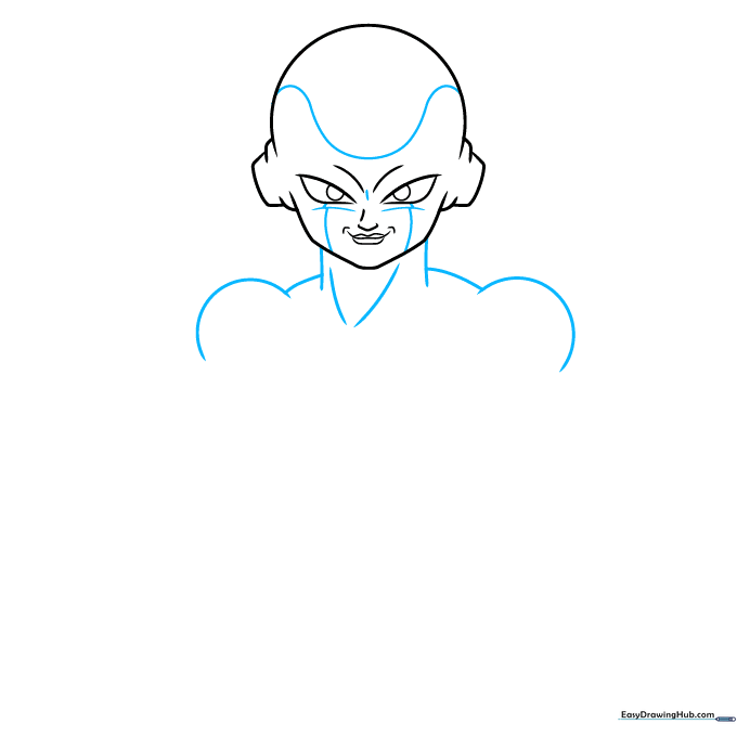 Drawing the neck and shoulder muscles to establish the character's torso.