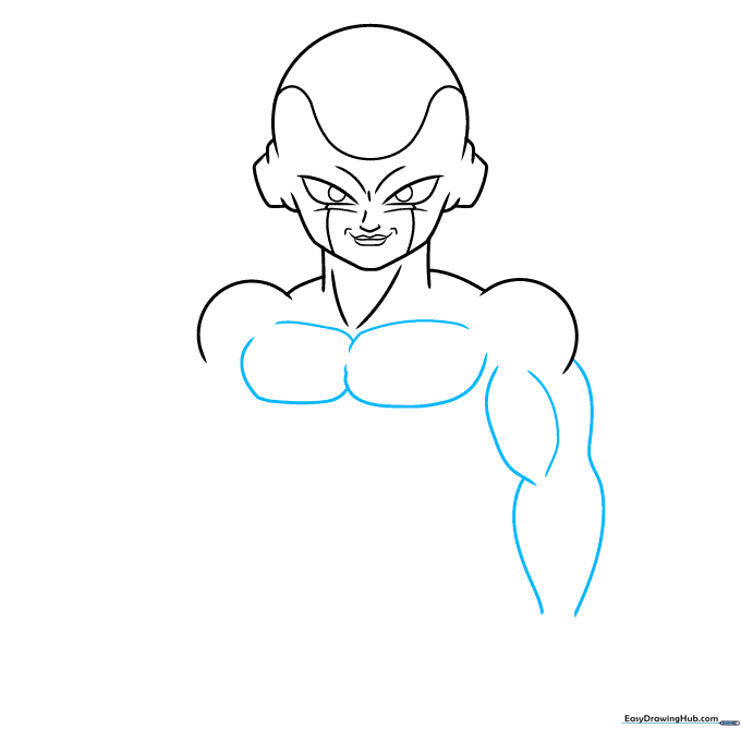 Adding definition to the chest and arm muscles using curved contour lines.