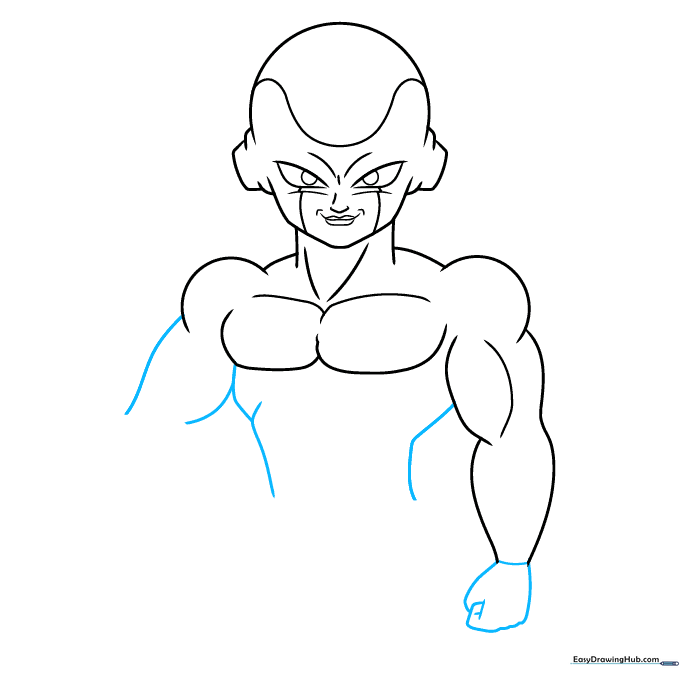 Drawing the arms and hand placement for the Frieza character.