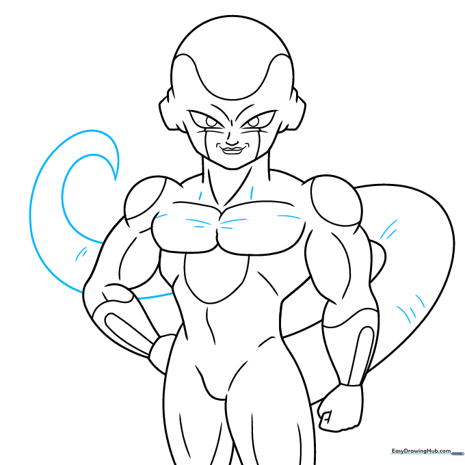 Finalizing the long, pointed tail with muscle texture lines.