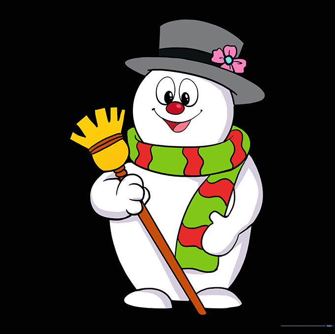 The finished, colorful drawing of Frosty the Snowman with his hat, scarf, and broom.