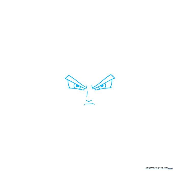 Close-up sketch of Future Trunks' eyes and eyebrows showing angular, sharp anime-style lines.