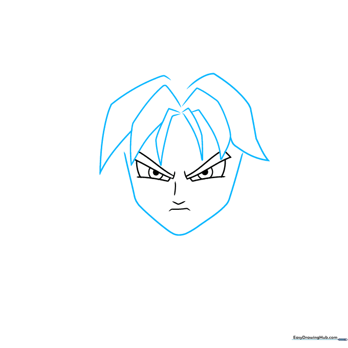 Pencil sketch showing the outline of Trunks' face and the beginning of his spiky hair layers.