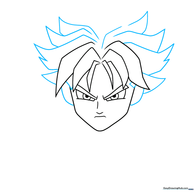 Drawing the ears and adding more volume to the spiky hair sections on the sides of the head.