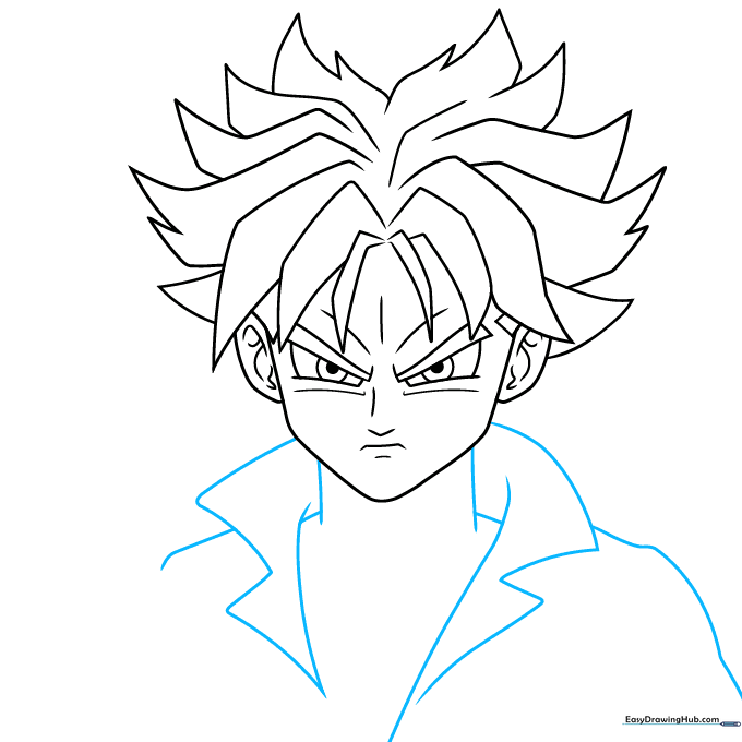 Sketching the neck structure and the distinct pointed collar of the jacket.